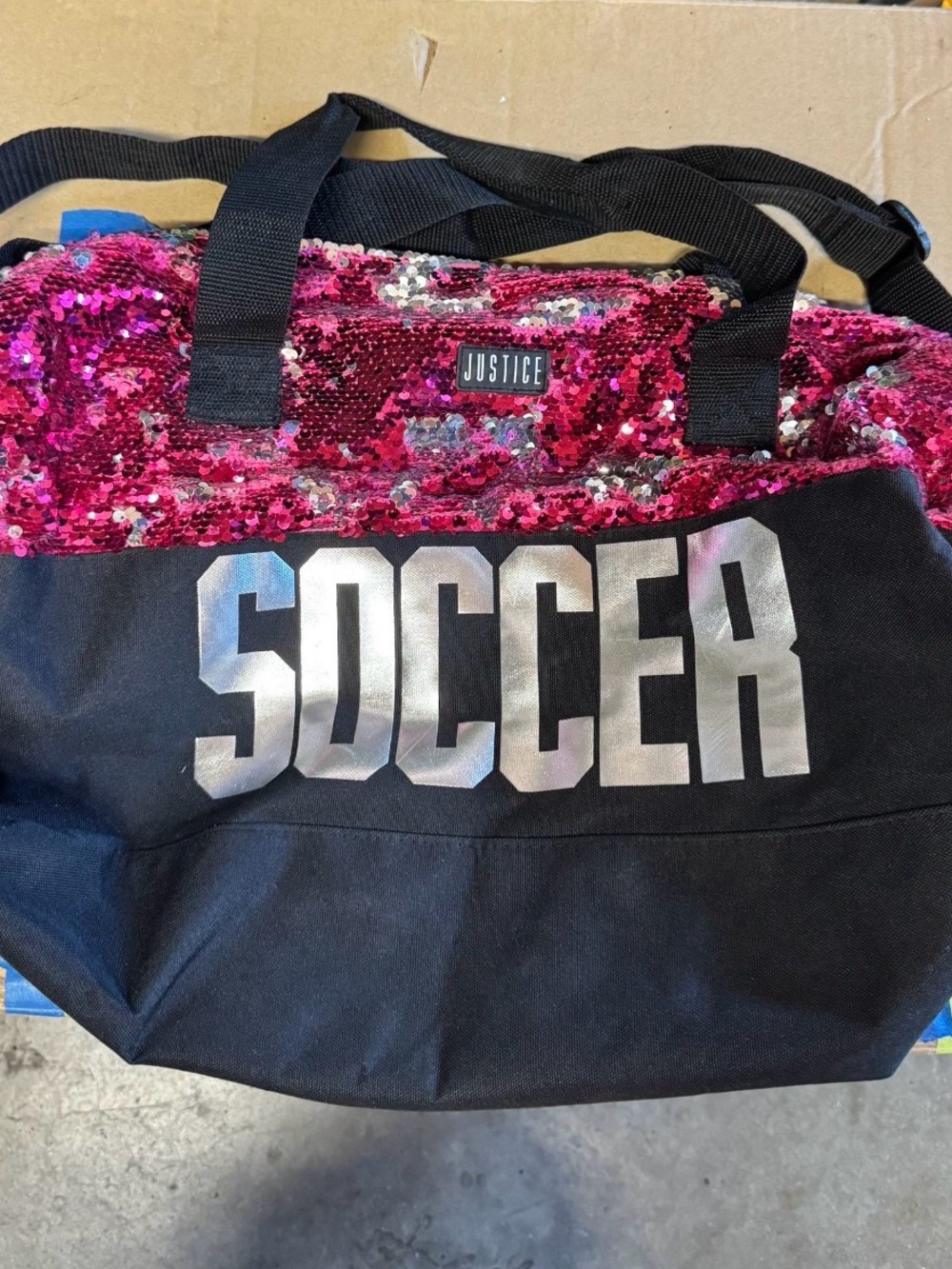 Justice Black and Pink Sequin 'SOCCER' Tote